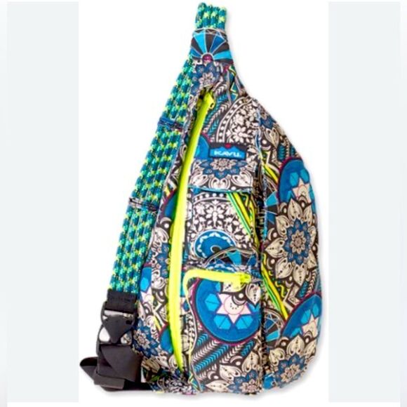 KAVU Green Blue Floral Rope Sling Bag with Adjustable Rope Strap 5 Compartment - Picture 1 of 7